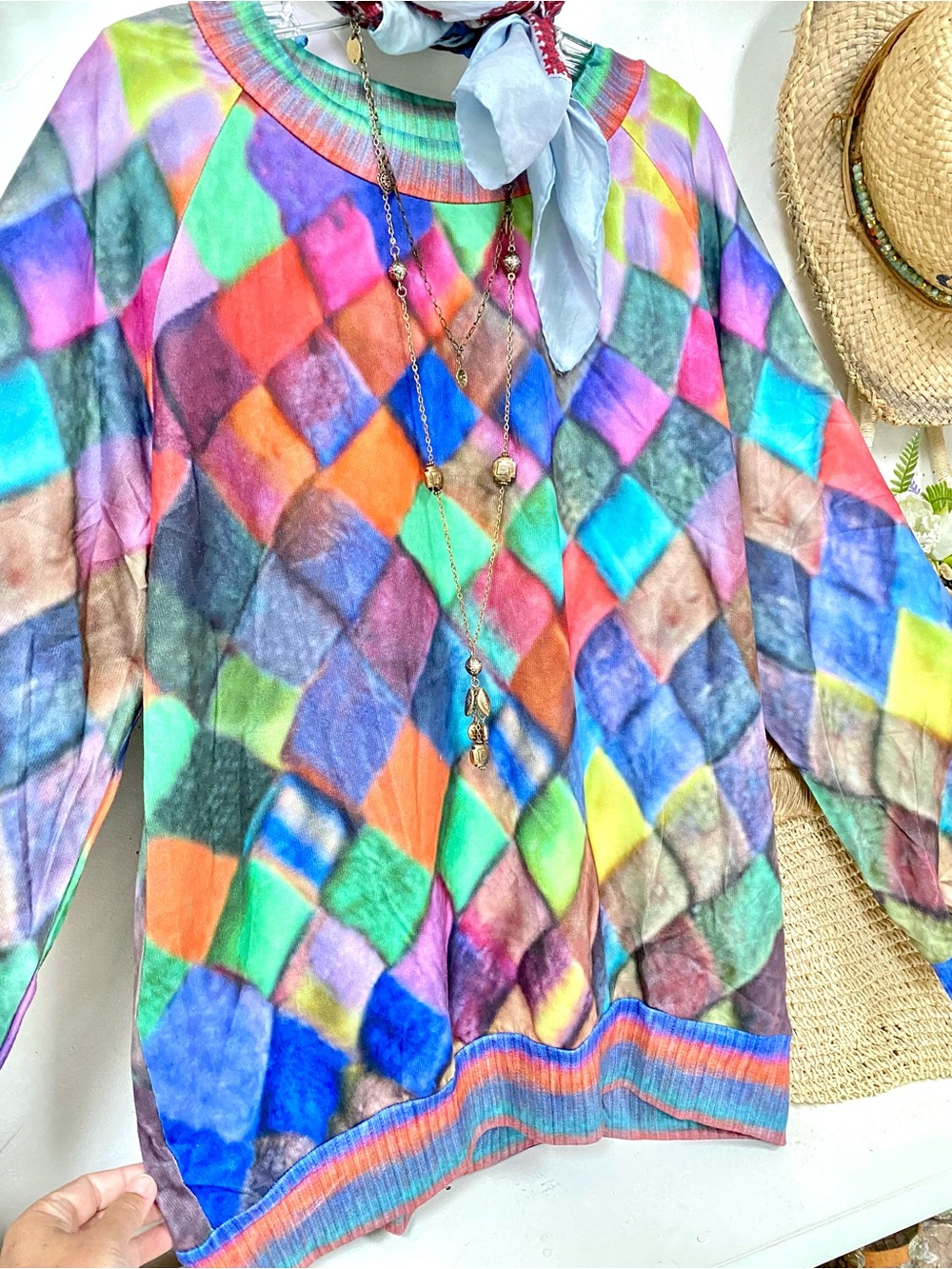 BNWOT Diamond multicoloured print summer boho sweater/dress w cottagecore vibe - Picture 12 of 14